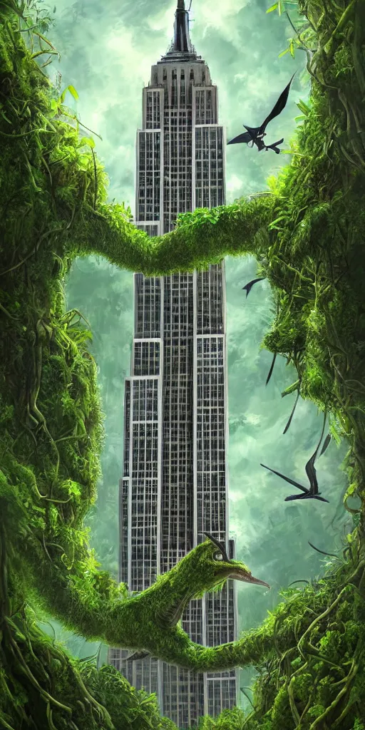 Prompt: an epic view of the empire state building covered in vines, moss, and jungle, with pterosaurs flying, close - up, low angle, wide angle, atmospheric, cinematic, very realistic, highly detailed digital art, painted by tyler edlin