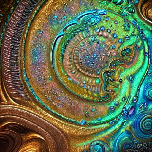 Image similar to Art Nouveau cresting oil slick waves, hyperdetailed bubbles in a shiny iridescent oil slick wave, black opal, abalone, paua shell, ornate copper patina medieval ornament, rococo, oganic rippling spirals, octane render, 8k 3D