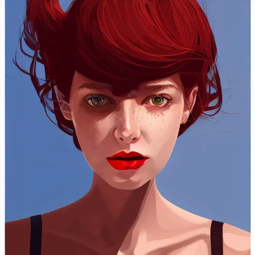 Prompt: girl with medium length red hair. thin face! red lips. centered median photoshop filter cutout vector behance hd jesper ejsing!
