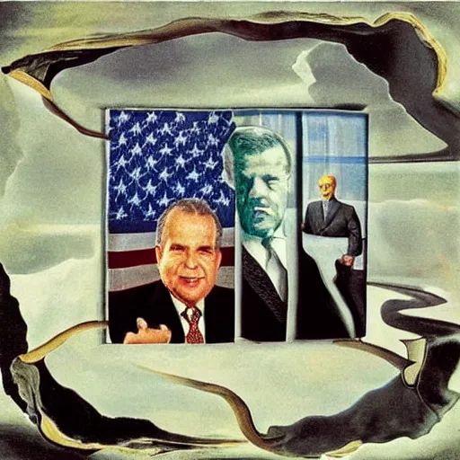 Image similar to “Past United States presidents Ragen, Nixon and Bush are traversing a bizzare landscape; Artist, Salvador Dali, Surrealism”