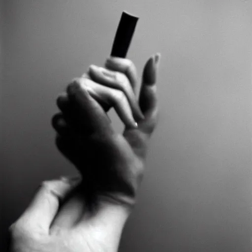 Prompt: feminine hand, holding a cigarette, black and white, lomography