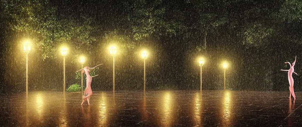Prompt: raining at night pole lights woman dance group meditation emotion on javanese style garden, octane render, trees, evergreen, patio, garden, wet atmosphere, tender, soft light misty yoshitaka amano, and artgerm
