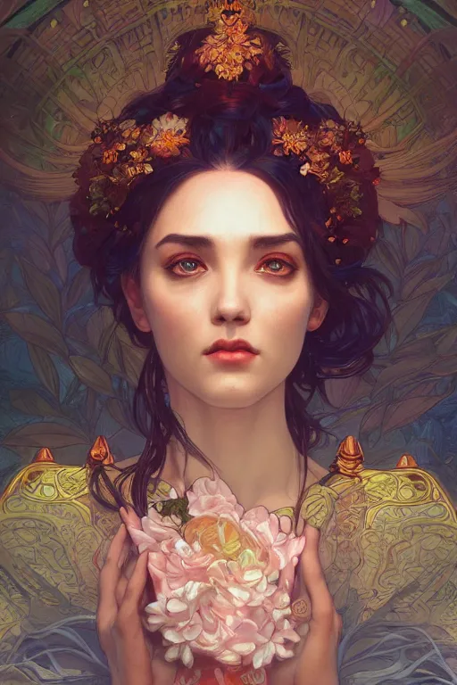 Prompt: close up portrait of goddes of rose, digital illustration, dramatic lighting, by artgerm and greg rutkowski and alphonse mucha