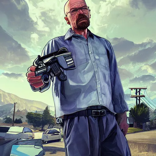 Image similar to Walter White in GTA V, cover art by Stephen Bliss, artstation, no text