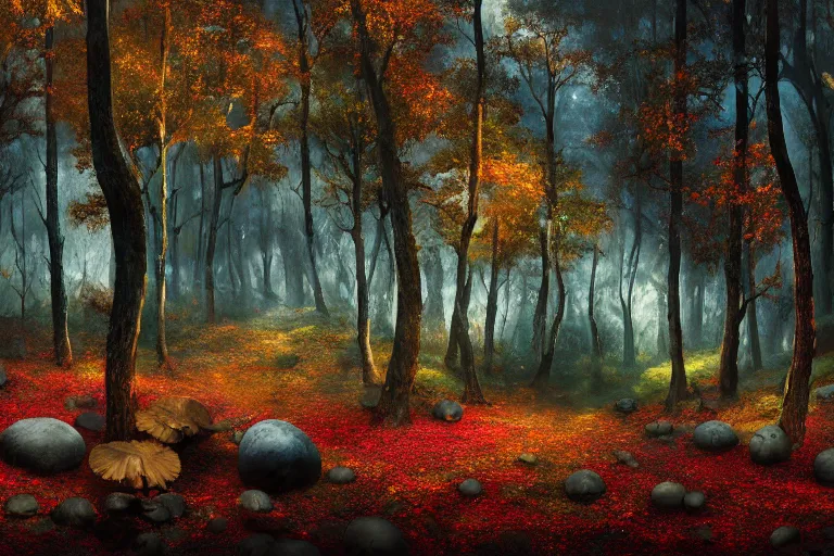 Image similar to deep dark moody candy forest, peppermint stick trees, cotton candy bushes, big colorful rock candy boulders, gumdrop mushrooms, chocolate creek, dark mood. mysterious realistic painting. photobashing, matte painting, highly detailed, autumn, cinematic, hyperrealistic, artstation, dramatic lighting, god rays, clean crisp graphics, smooth sharp focus, extremely detailed