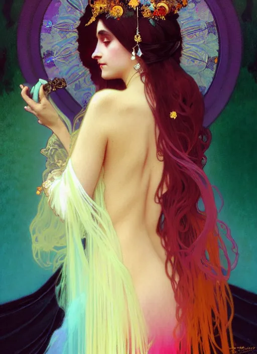 Prompt: ombre velvet gown, feathers, vivid colors, lovely dark autumn princess, portrait, long hair, tiara, jeweled choker, by alphonse mucha, brom, greg rutkowski, anato finnstark, global illumination, radiant light