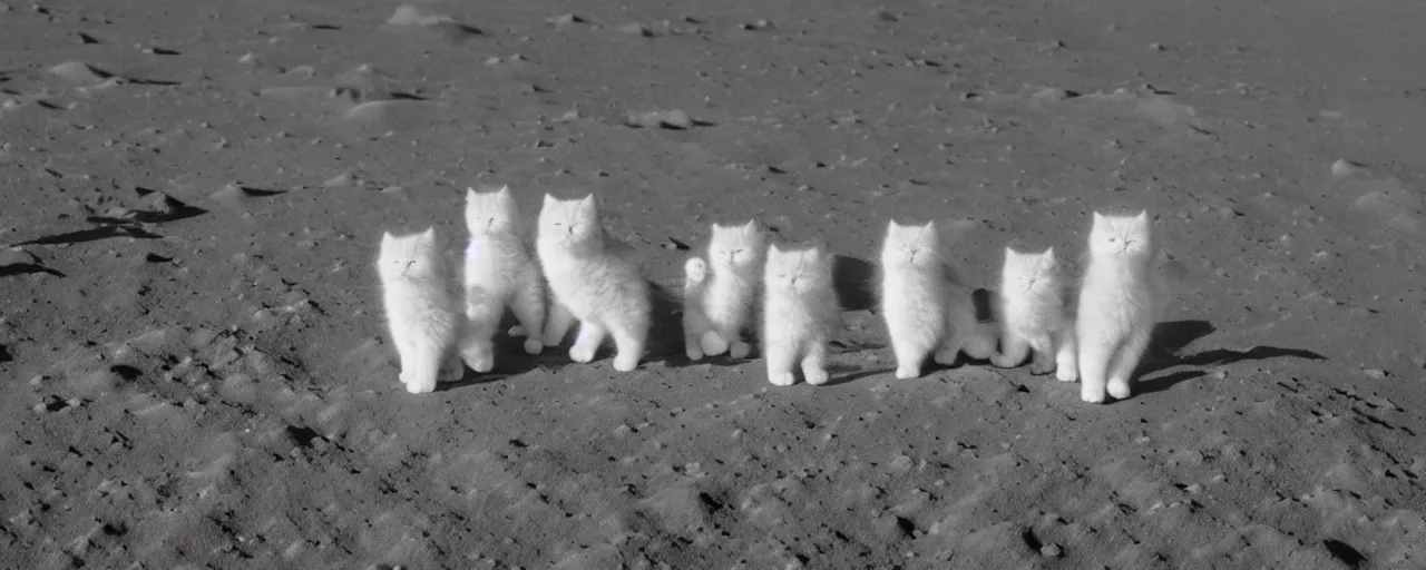 Prompt: group of fluffy baby cats in a space suit walking on the moon, cute photo, 8k UHD, national geographic