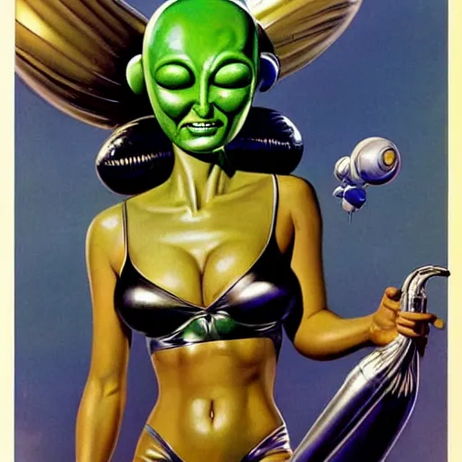 Prompt: beautiful alien extraterrestrial species female babe in a tight fitting silver metallic bikini spacesuit, , big silver head with eyestalk antennae, green skinned, big black almond shaped alien eyes by Mort Kunstler and Gil Elvgren