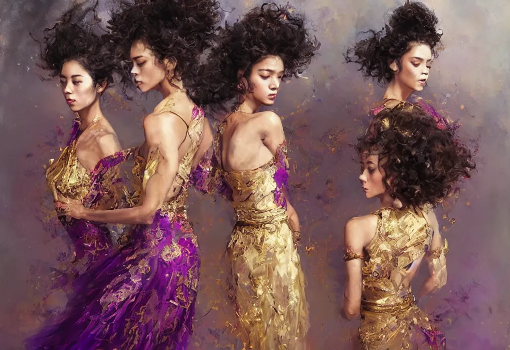 Image similar to full body portrait of a trio of 1 9 years old girl figures, curly messy high bun hairstyle, oriental tattoos, subject wearing a gold and ruby high fashion gown, flowing, ornate, beautiful, dramatic earth colors, with few vivid purple highlights, by jeremy mann and greg rutkowski, trending on artstation, oil on canvas