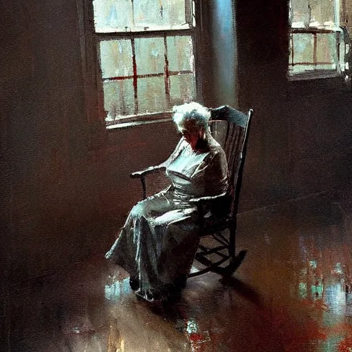 Prompt: lonely old woman sitting alone on rocking chair, painting by jeremy mann