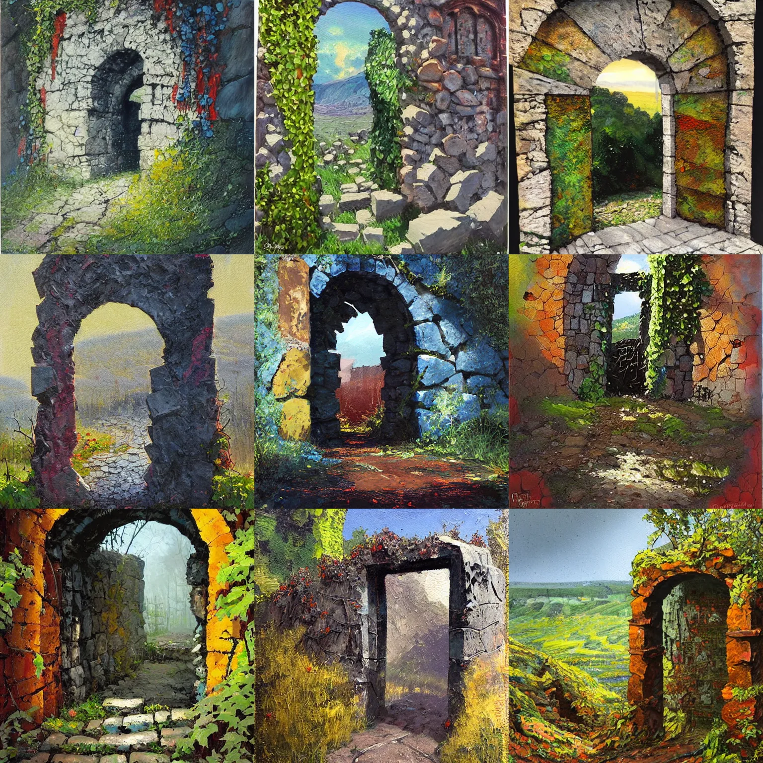 Prompt: colorful Grzegorz greg rutkowski impasto!! acrylic painting of the slate stone gateway of a forgotten civilization. vines and creepers, stone etchings