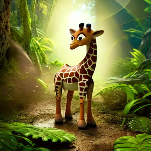 Prompt: giraffe as nendoroid walking in a jungle in the croods movie style, anime, disney, pixar, 8 k, hd, dof, kodak film, volumetric lighting, subsurface scattering, photorealistic, octane render, details