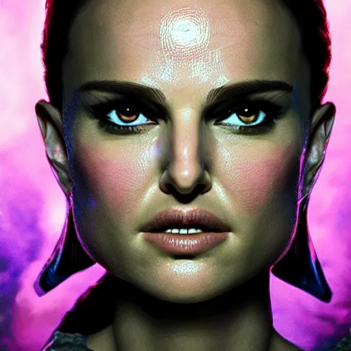 Image similar to natalie portman as arcane character, concept portrait, detailed expression, high quality, cinematic lighting, fantasy, reflective, spotlight, digital artwork