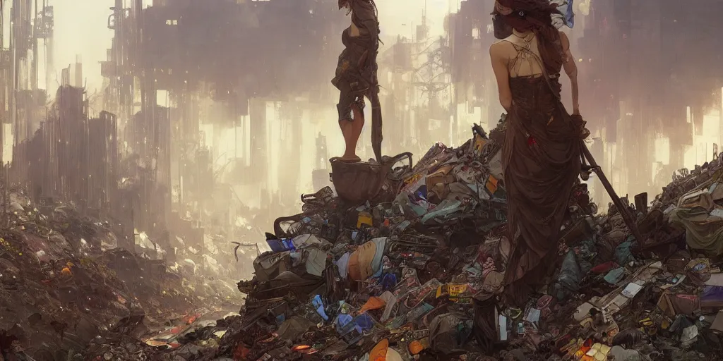 Image similar to garbage dump, city is pure wasteland, raining, detailed characters, alphonse mucha, greg rutkowski, trending on artstation, artgerm, breathtaking, sharp focus, smooth, mark arian, award winning, highly detailed 4 k art