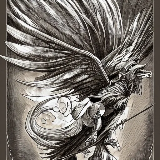 Image similar to precisely drawn illustration of anime flying griffon, old-fashioned tarot card, victorian playing card, sepia tone, wide angle, sharp, fine details, anime, manga, cyberpunk, intense line art, 8k, precise linework, realistic, shaded lighting by katsuhiro otomo ghost-in-the-shell, magali villeneuve, artgerm, rutkowski Jeremy Lipkin and Giuseppe Dangelico Pino and Michael Garmash and Rob Rey