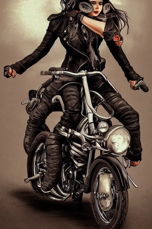Prompt: woman ride skull motorcycle, high definition, 8 0 m. m lens, realistic, art by jacqueline e, mongezi ncaphayi, color by bo feng lin, trending deviantart