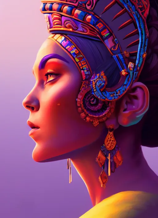 Prompt: side profile centered painted portrait, beautifull mayan queen, d & d, gloomhaven, matte painting concept art, art nouveau, beautifully backlit, swirly vibrant color lines, fantastically gaudy, aesthetic octane render, 8 k hd resolution, by ilya kuvshinov and cushart krentz and gilleard james