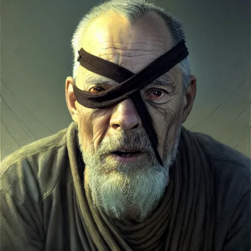 Image similar to portrait painting of a post - apocalyptic older american man wearing monk garbs and a blindfold and a scrap pauldron, ultra realistic, concept art, intricate details, eerie, highly detailed, photorealistic, octane render, 8 k, unreal engine. art by artgerm and greg rutkowski and charlie bowater and magali villeneuve and alphonse mucha