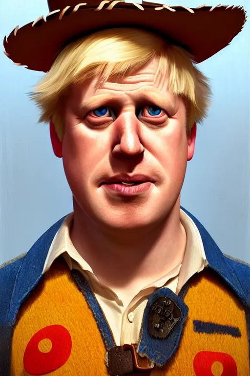 Image similar to Boris Johnson as Woody from Toy Story, Boris Johnson hairstyle, realistic portrait, symmetrical, highly detailed, digital painting, artstation, concept art, smooth, sharp focus, illustration, cinematic lighting, art by artgerm and greg rutkowski and alphonse mucha