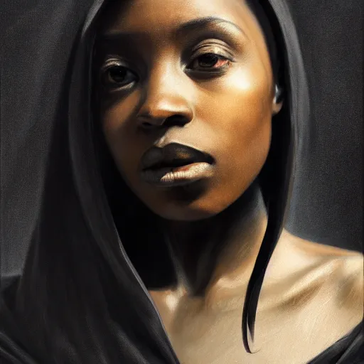 Image similar to a portrait of a young black woman wearing a long dark cloak, hood and shadows covering face, anatomically correct, beautiful perfect face, enigmatic, oil painting, matte painting, black background, Volumetric dynamic lighting, Highly Detailed, Cinematic Lighting, Unreal Engine, 8k, HD, by Beksinski