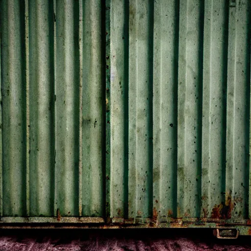 Prompt: rusty green shipping container, overcast, underexposed,