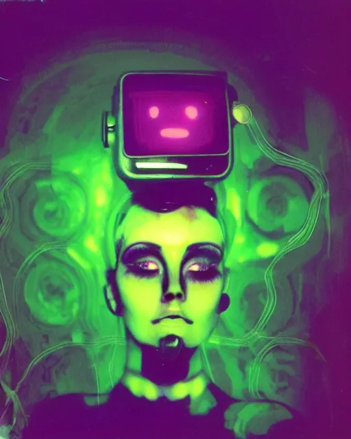 Prompt: cut and paste, flirty robotic woman's face, rouge hair, dark makeup, violet and yellow and green and blue lighting, polaroid photo, 1 9 8 0 s, atmospheric, whimsical and psychedelic, grainy, expired film, super glitched, corrupted file, ghostly, bioluminescent glow, sci - fi, twisty