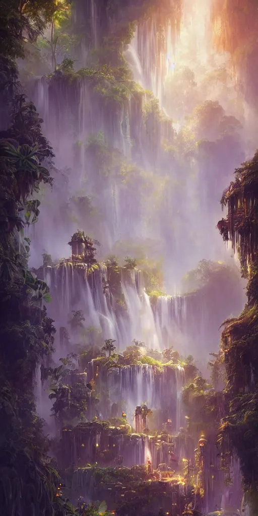 Prompt: Detailed Interior of the Tropical Jungle Monastery Ruins, Waterfall walls, lush vegtation, light shafts, the glowing throne, stunning atmosphere, in Style of Peter Mohrbacher, cinematic lighting