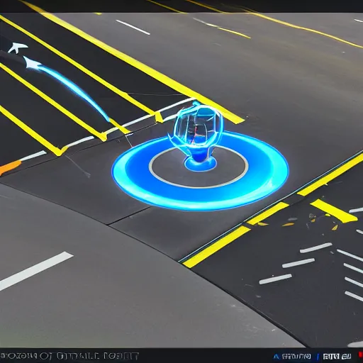 Image similar to a realistic photo of an intersection that uses portals from the video game portal 2 to control traffic by sending vehicle into blue portals and out of organge portals at an intersection, trending on cgstation