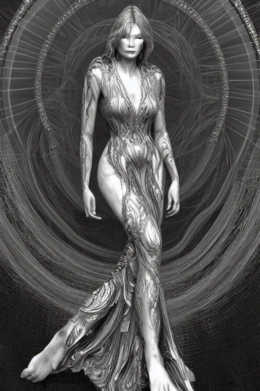 Image similar to a realistic portrait of a beautiful ancient alien woman goddess kate moss standing in iris van herpen dress jewelery and fractals in style of alphonse mucha art nuvo dmt trending on artstation made in unreal engine 4