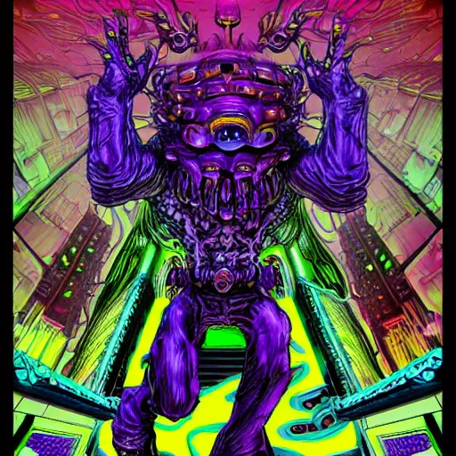 Image similar to hyper-maximalist overdetailed comic monster by beastwreckstuff and jimbo phillips. Cosmic horror infused retrofuturist style. Rendered by binx.ly in discodiffusion. Render by machine.delusions. Sharp focus.