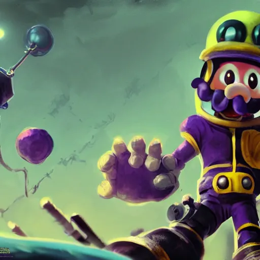 Prompt: highly detailed portrait of a cackling Waluigu astronaut ((Waluigi)) (((((Waluigi)))) by Dustin Nguyen, Akihiko Yoshida, Greg Tocchini, Greg Rutkowski, Cliff Chiang, 4k resolution, nier:automata inspired, bravely default inspired, vibrant but dreary purple, black, yellow and white color scheme!!! ((Space nebula background))
