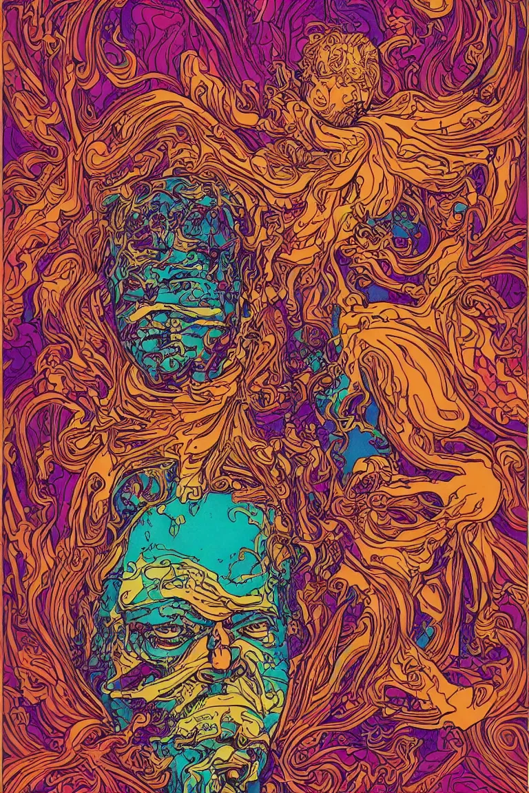 Prompt: beautiful colorful hyperrealist highly detailed psychedelic music poster'the floating head of patton oswalt ', psychedelic art nouveau, beautiful high contrast colored wood engraving, moebius comic style, shocking detail trending on artstation 8 k