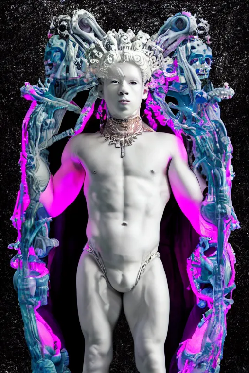 Image similar to photo of full-body rococo and cyberpunk delicate neon crystalline sculpture of ((handsome muscular albino prince Nick Jonas)) as an onyx humanoid deity wearing ((onyx plastic hooded cloak)) (holding an onyx skull) in a black aztec temple, reclining, glowing blue face, crown of (pink lasers), large blue diamonds, swirling black silk fabric. futuristic elements. oozing glowing liquid, full-length view. space robots. intricate artwork by caravaggio. Trending on artstation, octane render, cinematic lighting from the right, hyper realism, photorealistic, octane render, 8k, depth of field, 3D