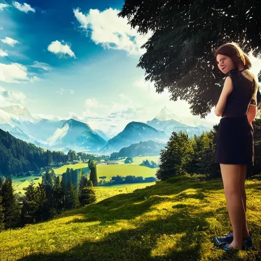 Image similar to a beautiful photograph of a girl with switzerland landscape in the background with trees, hdr, 8 k, high quality, sharp focus, artstation, highly detailed, award - winning, dramatic lighting, beautiful clouds, and nature