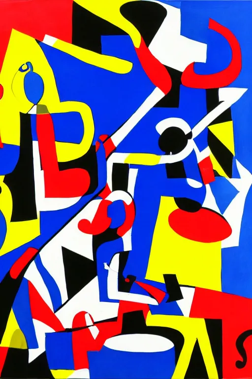 Prompt: Abstract painting representation of jazz musicians, musical notes, the letters J,A,Z, and Z in the style of Stuart Davis colors cobalt blue, ultramarine blue, yellow, red, white, black