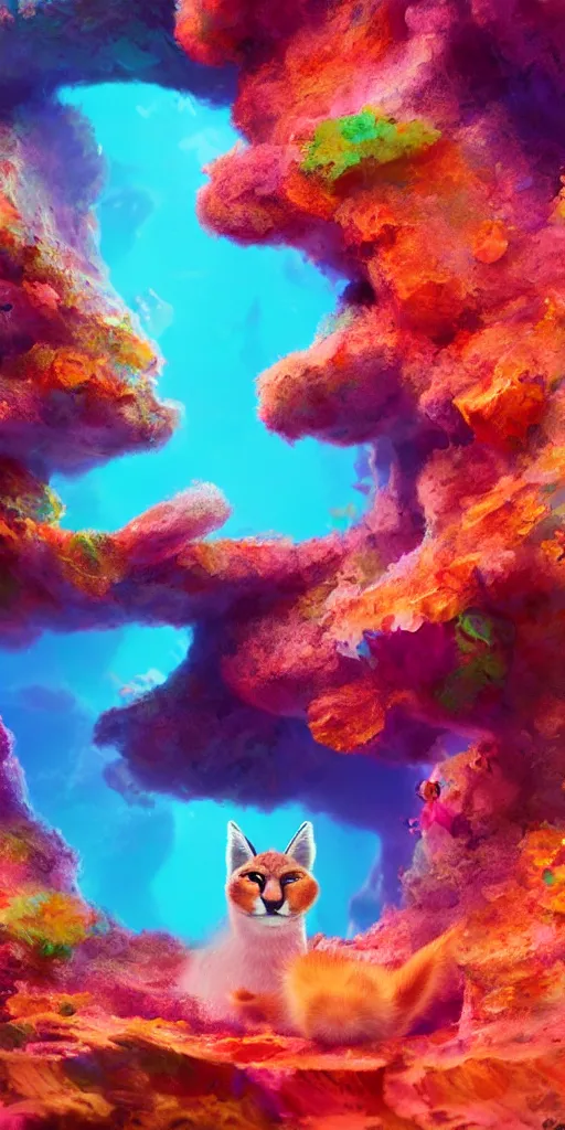 Image similar to of a colorful under water cave with swimming cute fluffy caracals, sandy coral, in the style of gehry and gaudi, macro lens, shallow depth of field, ultra detailed, digital painting, trending artstation, concept art, illustration, cinematic lighting, photorealism, epic, octane render