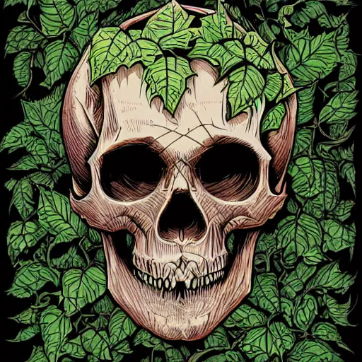 Prompt: skull inspired by Dan Mumford,ivy vines,leaves