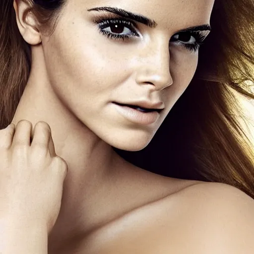 Image similar to a woman who is a genetic combination of kim kardashian and emma watson face and upper - body focus