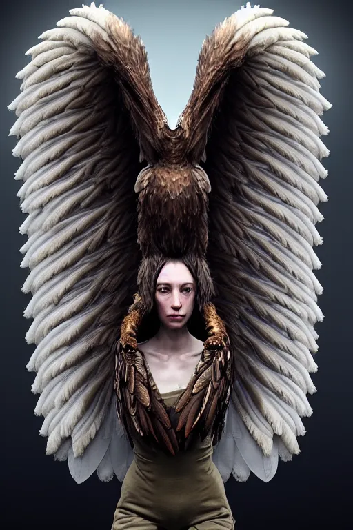 Image similar to epic professional digital portrait of female anthropomorphic human - eagle hybrid, wearing human air force jumpsuit, humanoid feathered head, eagle beak, by lisa roet, leesha hannigan, wayne haag, iris van herpen, artstation, cgsociety, epic, much wow, much detail, gorgeous, detailed, cinematic, masterpiece