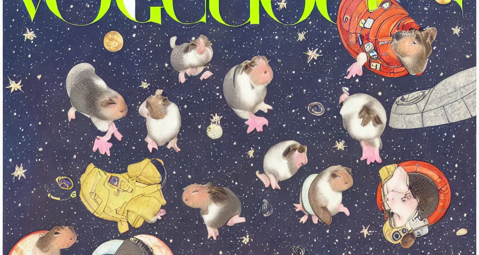 Image similar to realistic guineapigs's portrait on the cover of vogue magazine flying in space suits, deep dark universe, twinkling and spiral nubela, warmhole, beautiful stars, 4 k, 8 k, by hokusai, samurai man vagabond, detailed, editorial illustration, matte print, concept art, ink style, sketch, digital 2 d