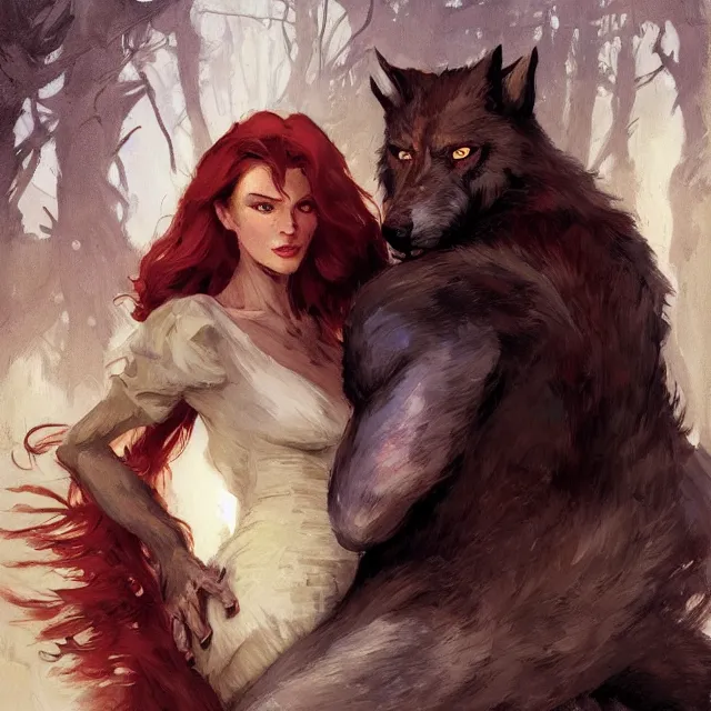 Image similar to book cover for a werewolf and red headed woman love story, portrait, elegant, intricate, digital painting, artstation, concept art, smooth, sharp focus, illustration, art by konstantin korovin and daniel f. gerhartz and john howe