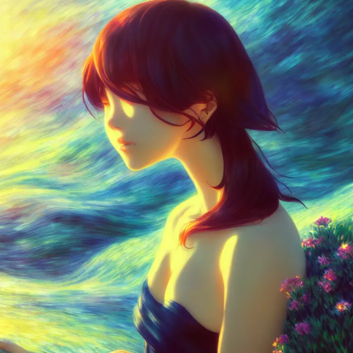 Prompt: an epic makoto shinkai and renoir surreal landscape of a woman's hair that is also a waterfall, 🌺, golden hour, ultra smooth, lois van baarle, ilya kuvshinov, unreal engine, blender, trending on artstation, suntur, caleb worcester, highly detailed, photorealism, bloom effect 8 k