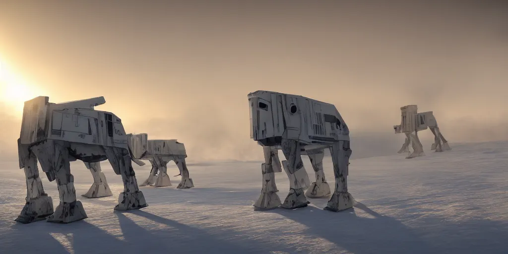 Prompt: AT-AT walker, Hoth, fog, snow, volumetric lighting, beautiful, golden hour, sharp focus, ultra detailed, cgsociety