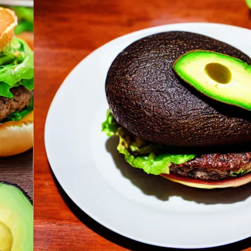 Image similar to a hamburger with 2 kilograms of avocado, 8 k resolution, amazing food photography