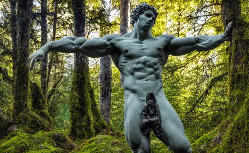 Image similar to a mossy greek marble statue of a very muscular man abandoned in the middle of a forest near a lake at sunset, concept art, godrays, complementary colors, calm, relaxing, beautiful landscape, highly detailed, high quality, 4k HDR, path tracing, serene landscape, high coherence, soft lighting