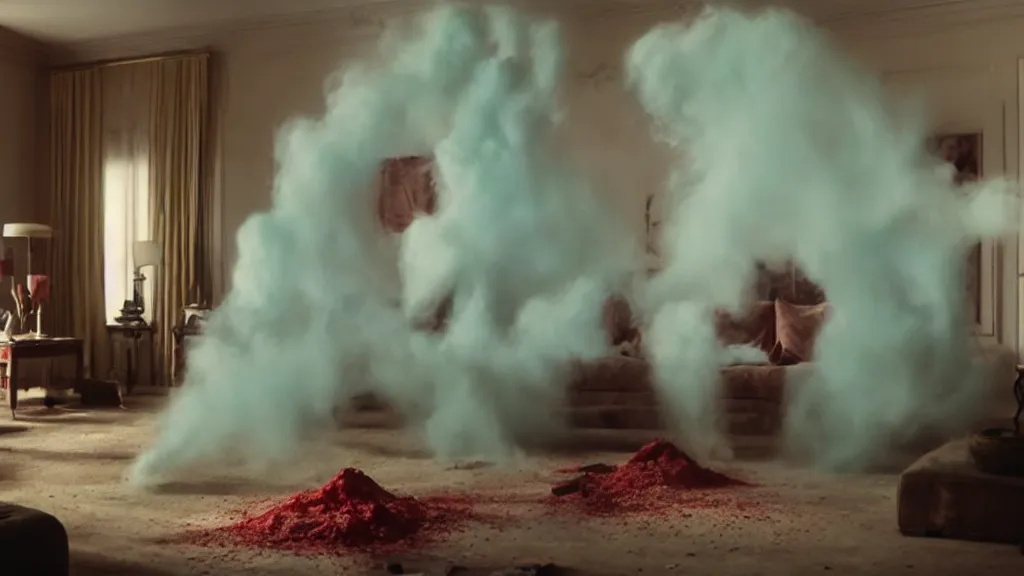 Image similar to colored powder explosion in the living room, film still from the movie directed by Denis Villeneuve with art direction by Salvador Dalí, wide lens