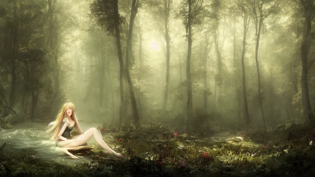 Image similar to elven princess sitting alone in the melancholy forest. andreas achenbach, artgerm, mikko lagerstedt, zack snyder, tokujin yoshioka