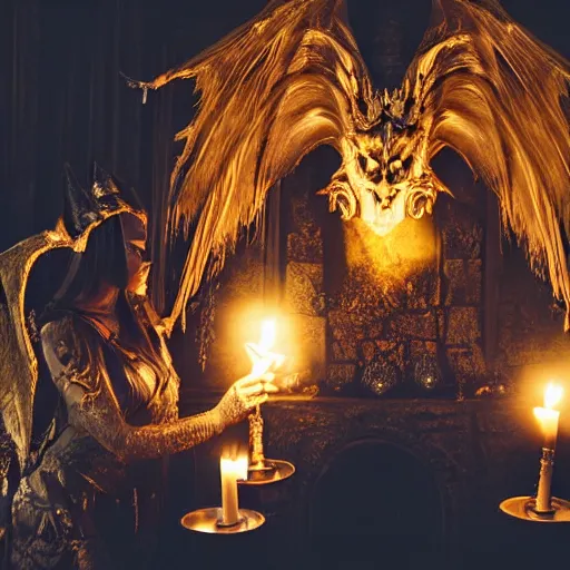 Image similar to gothic ritual with many golden candles, german shepherd with dragon wings in gothic makeup performing ritual, gloomy, candlelight, intricate detail faces, fireplace wide angle shot photograph