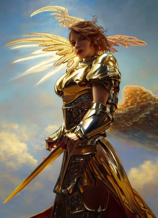 Image similar to A beautiful fierce angel wearing metallic battle armor and a flaming sword, wing, among heavenly sunlit clouds, close-up shot, intricate, elegant, digital painting, golden hour, cinematic, trending on artstation, concept art, smooth, sharp focus, illustration, art by artgerm and Greg Rutkowski and Alphonse Mucha
