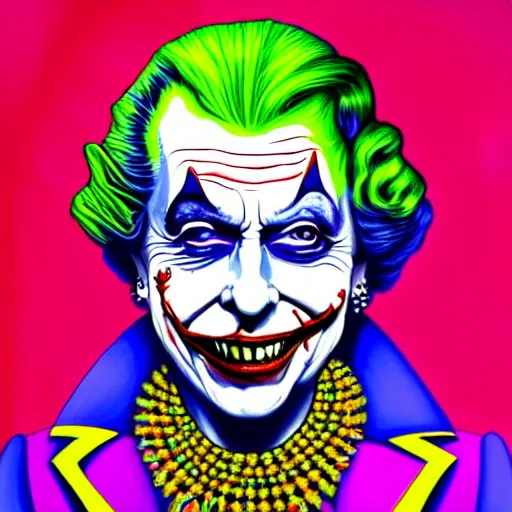 Prompt: An extremely psychedelic portrait of Queen Elizabeth as the Joker, surreal, LSD, face, detailed, intricate, elegant, lithe, highly detailed, digital painting, artstation, concept art, smooth, sharp focus, illustration